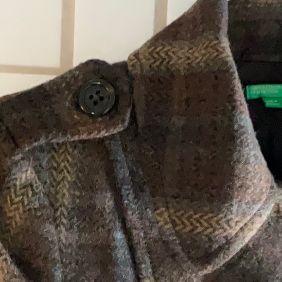 Brown, grey, beige plaid 3/4 length wool coat, double breasted, round collar - Picture 4 of 6